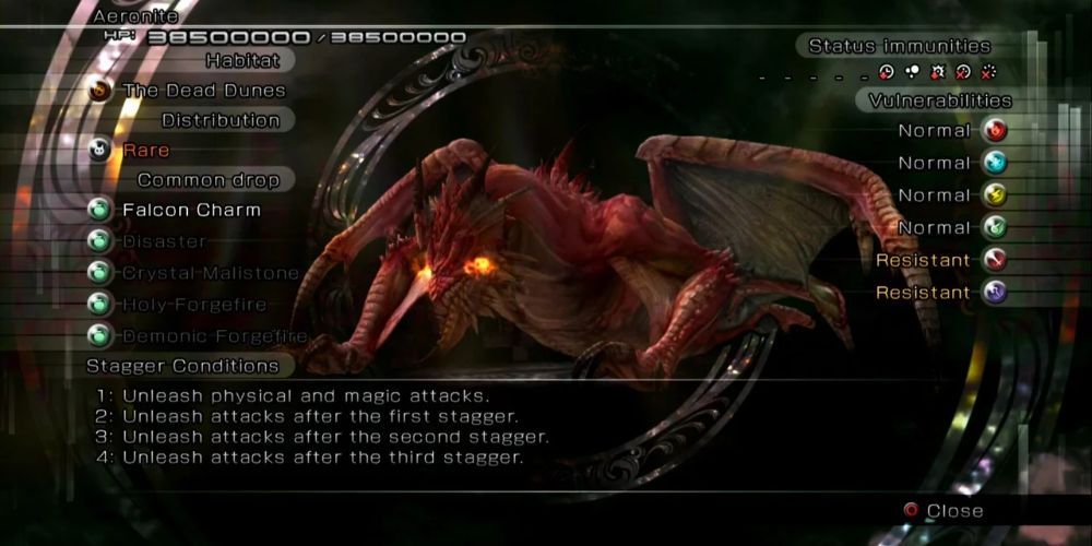 Aeronite stat and info screen from Final Fantasy 13 Lightning Returns