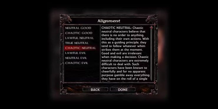 Screenshot of Alignment selection for Baldur's Gate 2