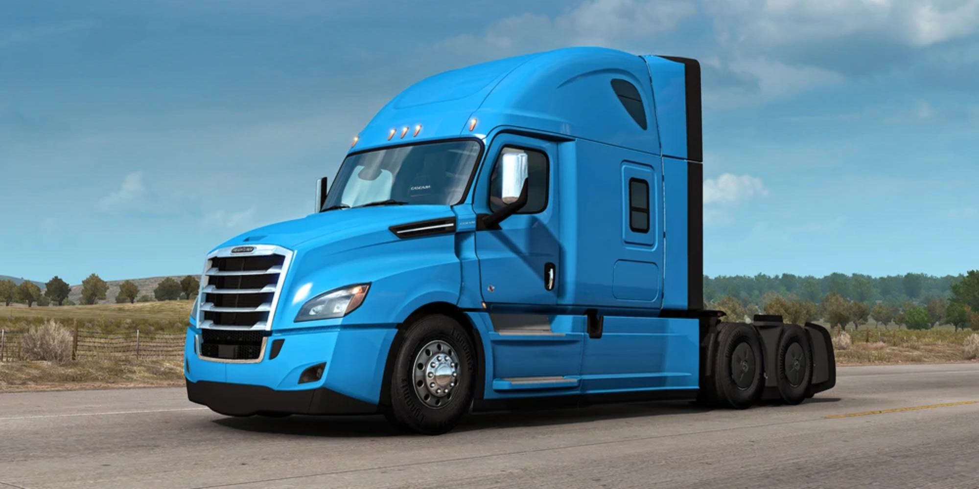An image from American Truck Simulator of the Freightliner Cascadia truck. This blue vehicle has a curved roof, but a blocky exterior. 