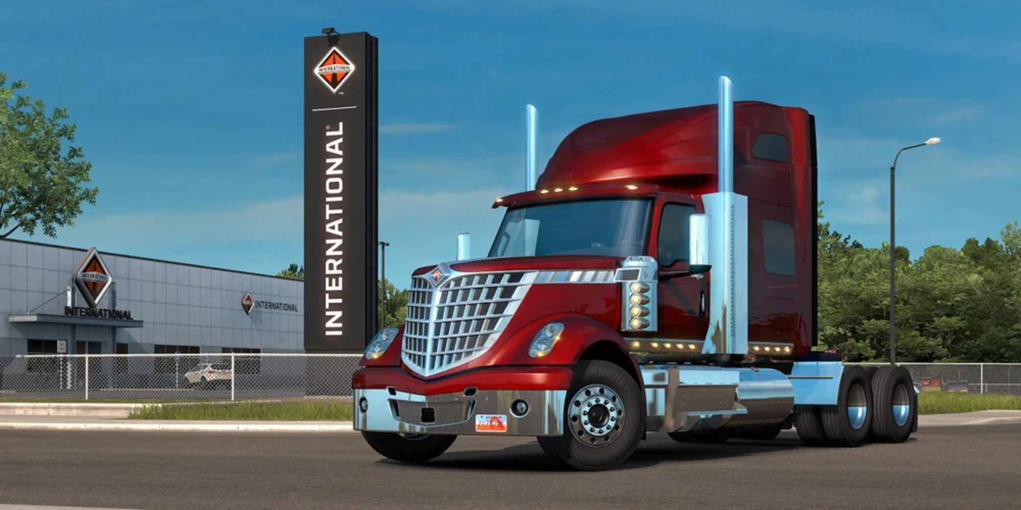 An image from American Truck Simulator of the International Lone Star truck. This vehicle is inspired after a classic truck, with a large front grill. 