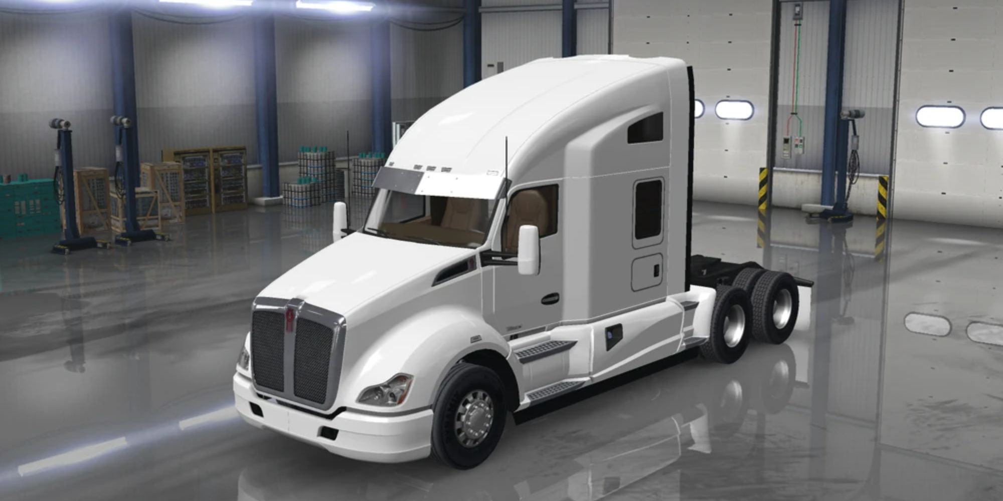 An image from American Truck Simulator of the Kenworth T680 truck. This sleek truck has a curved roof and a white exterior.