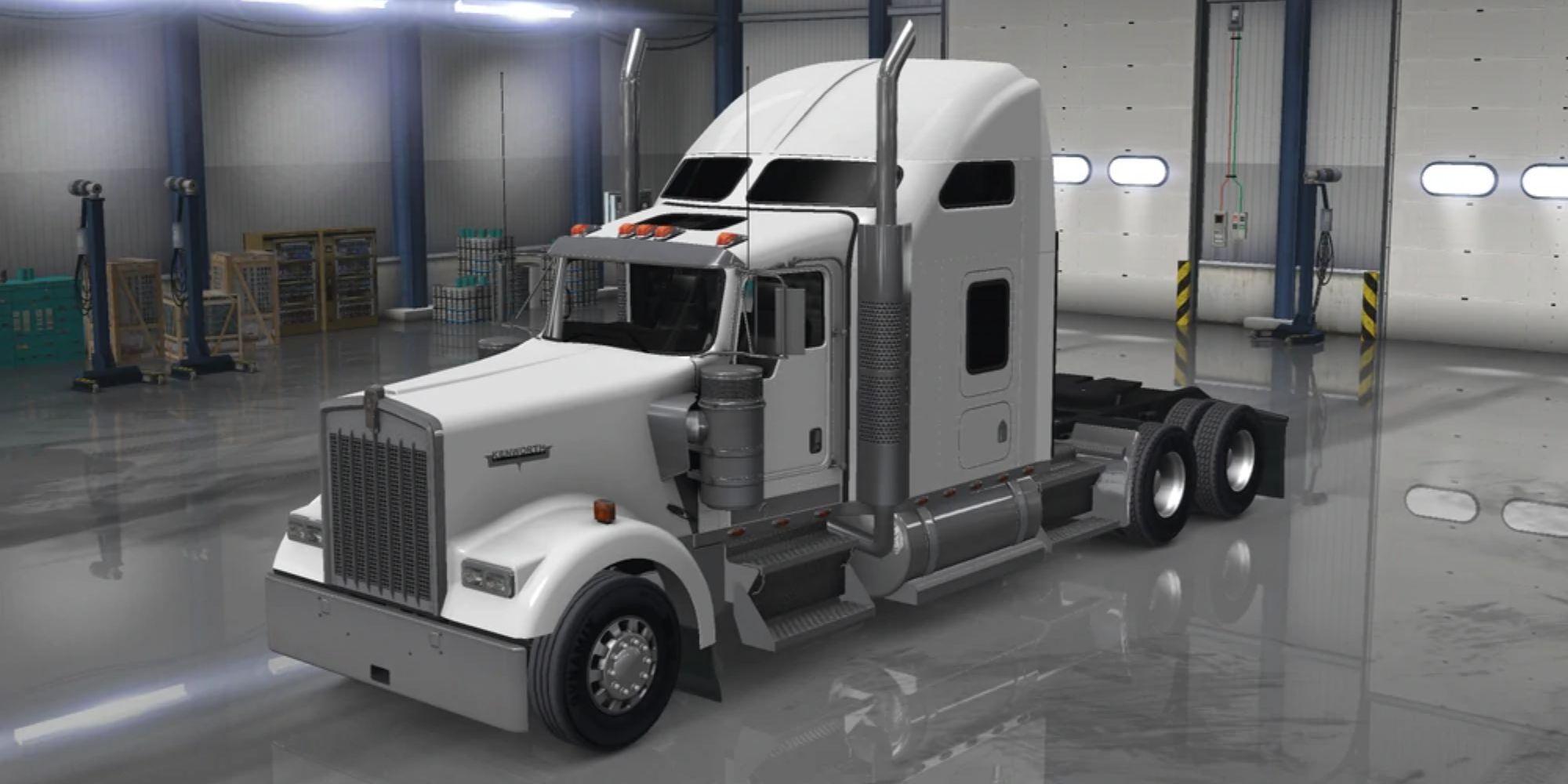 An image from the American Truck Simulator of the Kenworth W900. This modern truck has an older aesthetic, with a large front and two prominent exhaust pipes.