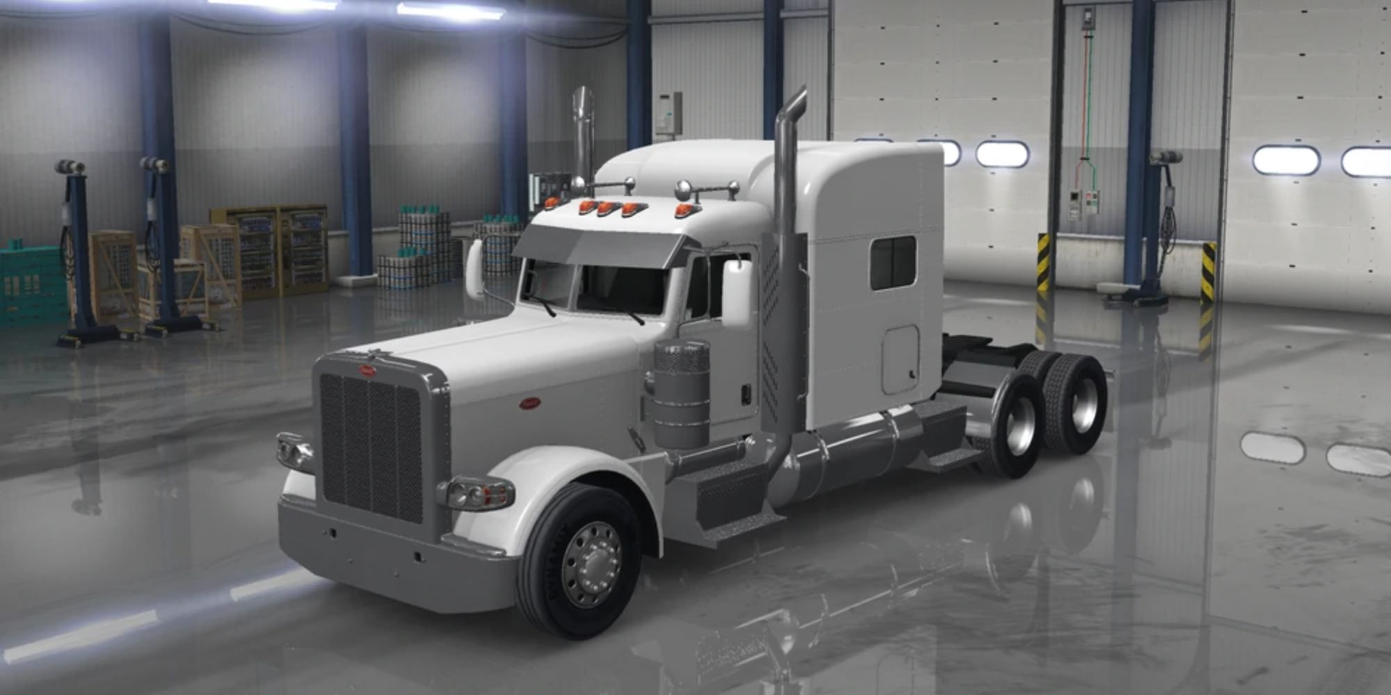 An image from American Truck Simulator of the Peterbilt 389. This large truck has a long front, with a rounded and short roof.