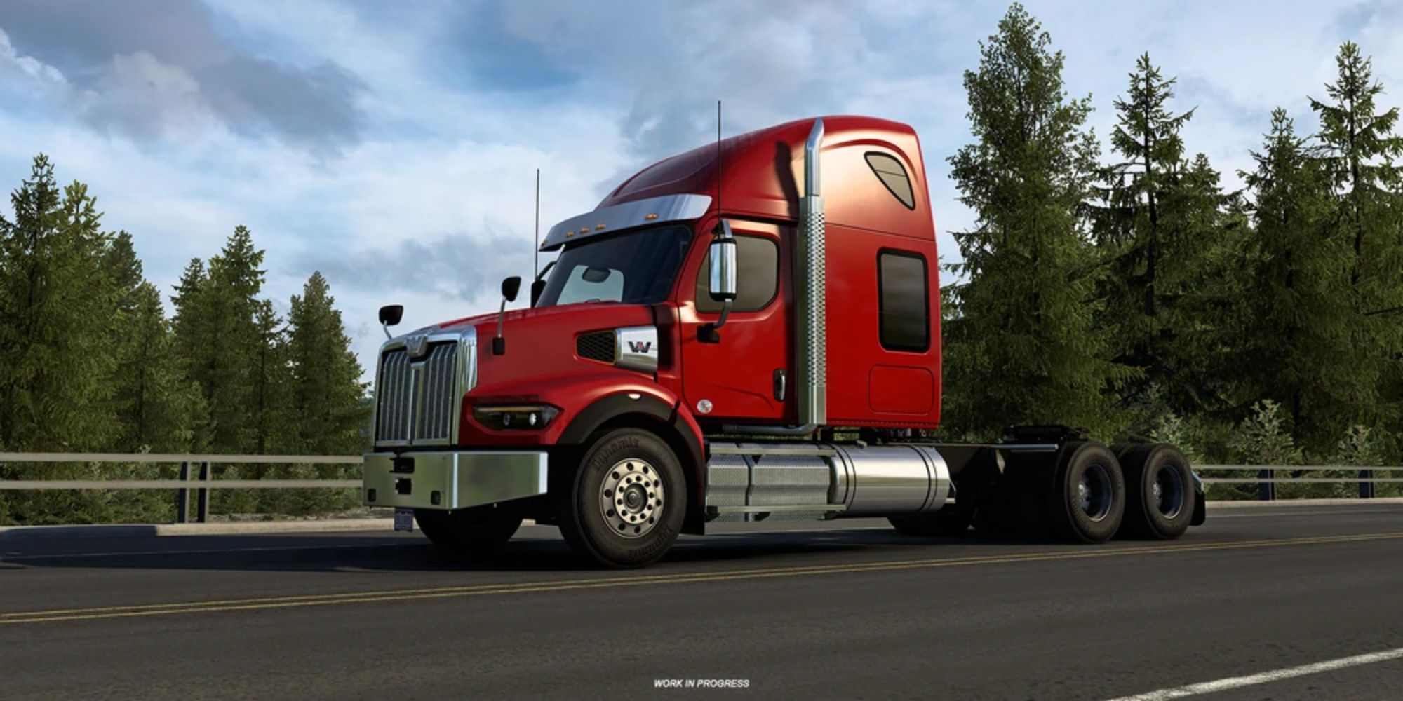 An image from American Truck Simulator of the Western Star 49X. This red tuck has a sleek roof, which rounds out the entire vehicle.