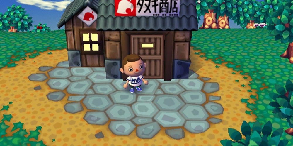 A villager standing in front of Tom Nook's shop in Animal Crossing: City Folk
