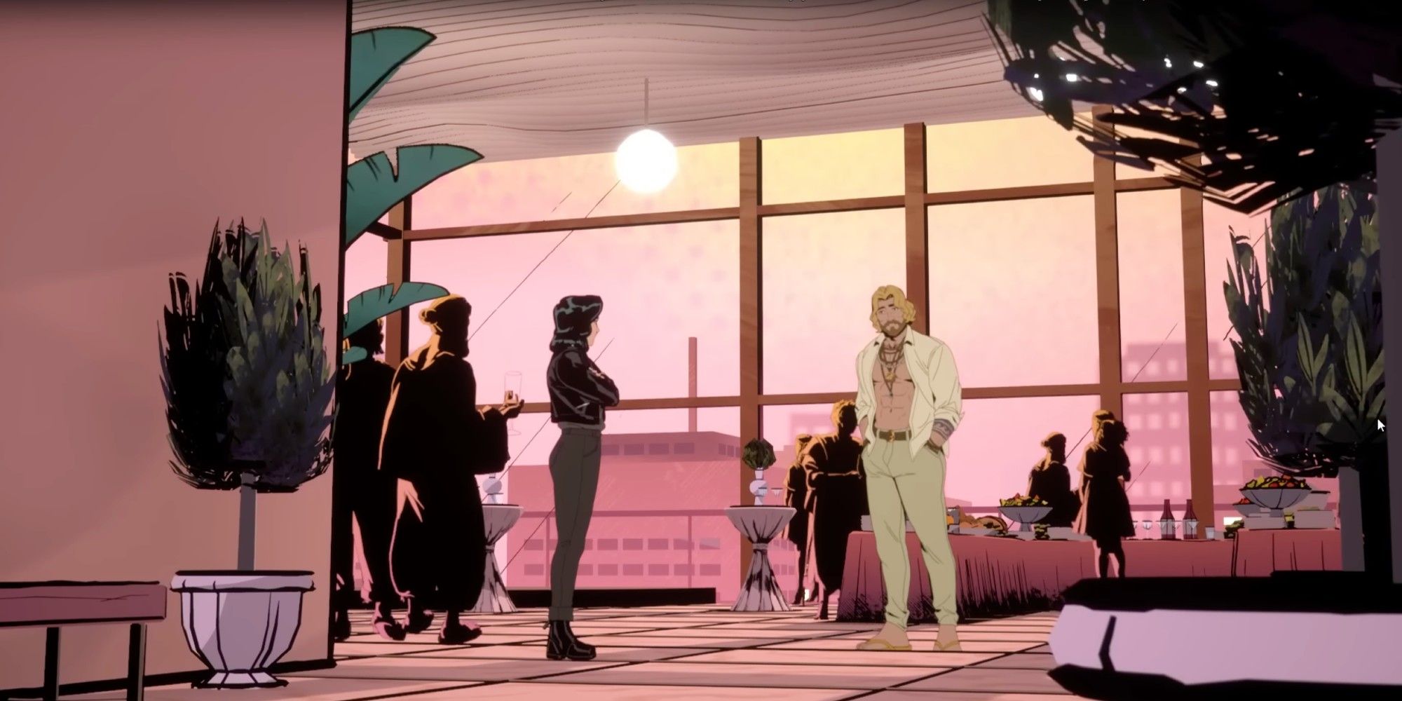 Grace, Apollo, and several other guests are standing in front of the giant window