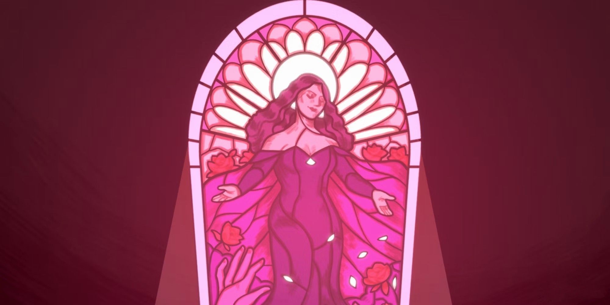 Aphrodite depicted on bright pink stained glass
