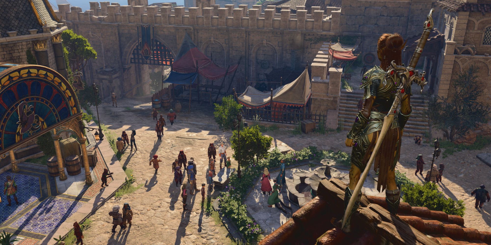 Baldur's Gate 3 character on a rooftop looking down on a courtyard