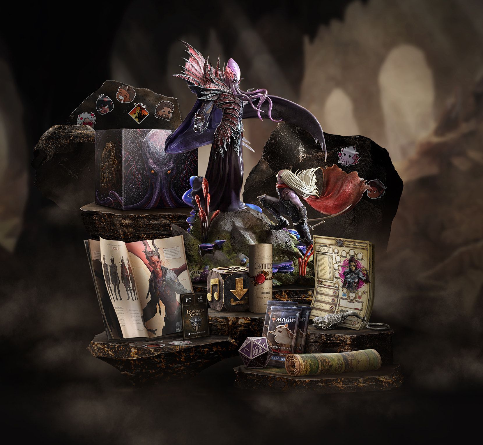 Baldur's Gate 3 collectors edition showing Magic: The Gathering cards, a custom D20, character sheets, a mind flayer statue, and stickers