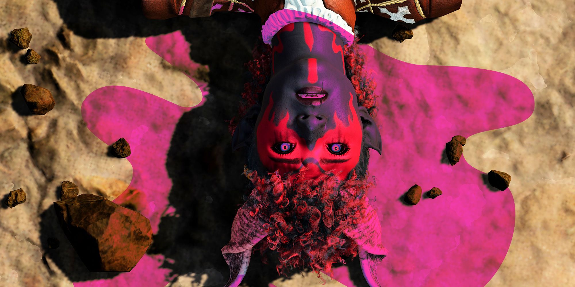 Baldur's Gate 3 character lying upside down on a beach with a pink potion splash effect on top