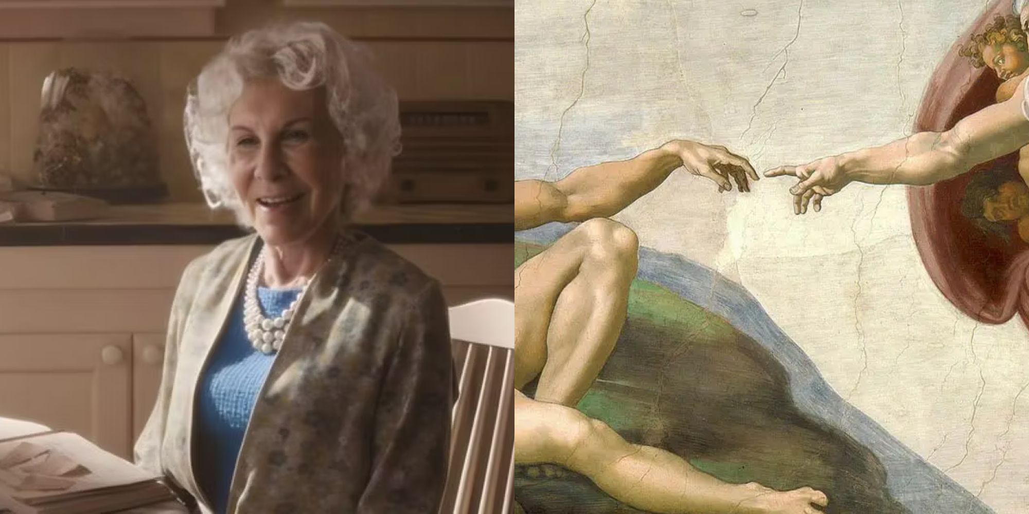 Ruth from The Barbie Movie and Michelangelo's renowned painting "The Creation of Adam."