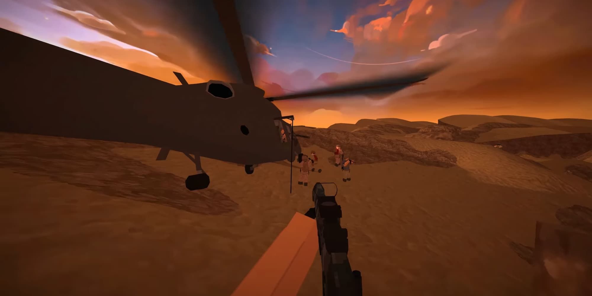 Players depart from a transport helicopter in the Infantry Conquest mode of BattleBit Remastered.