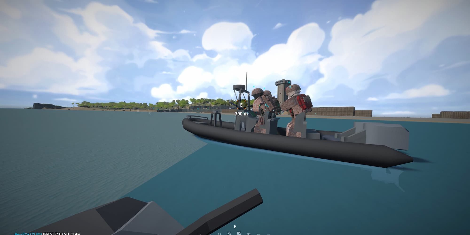 Players in boats travel on water towards an island that holds the MCOM objective in the Rush mode of BattleBit Remastered.