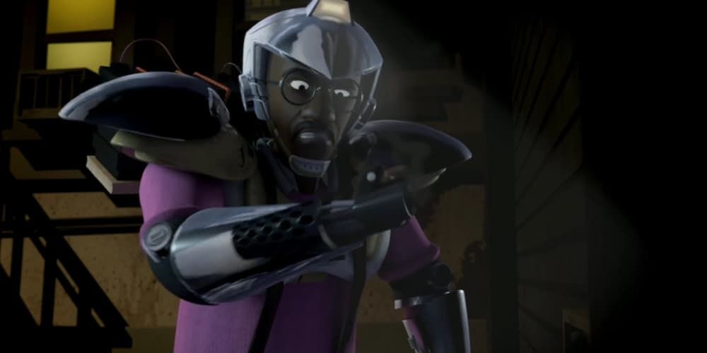 Baxter Stockman reacts to part of his mechanical suit malfunctioning in TMNT.