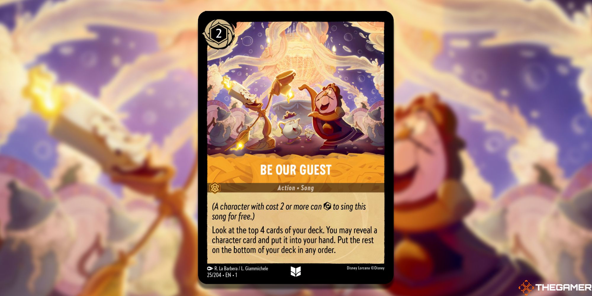 Image of the Be Our Guest card in Lorcana, with art by R. La Babera and L. Giammichele