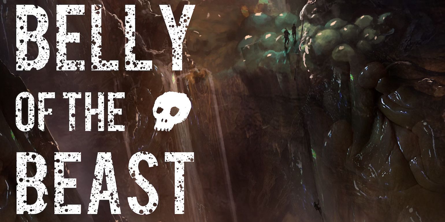 Art of two adventurers scaling cliffs that appear to be made of a fleshy, organic substance. The text "BELLY OF THE BEAST" appears on the left, along with a crudely drawn skull.
