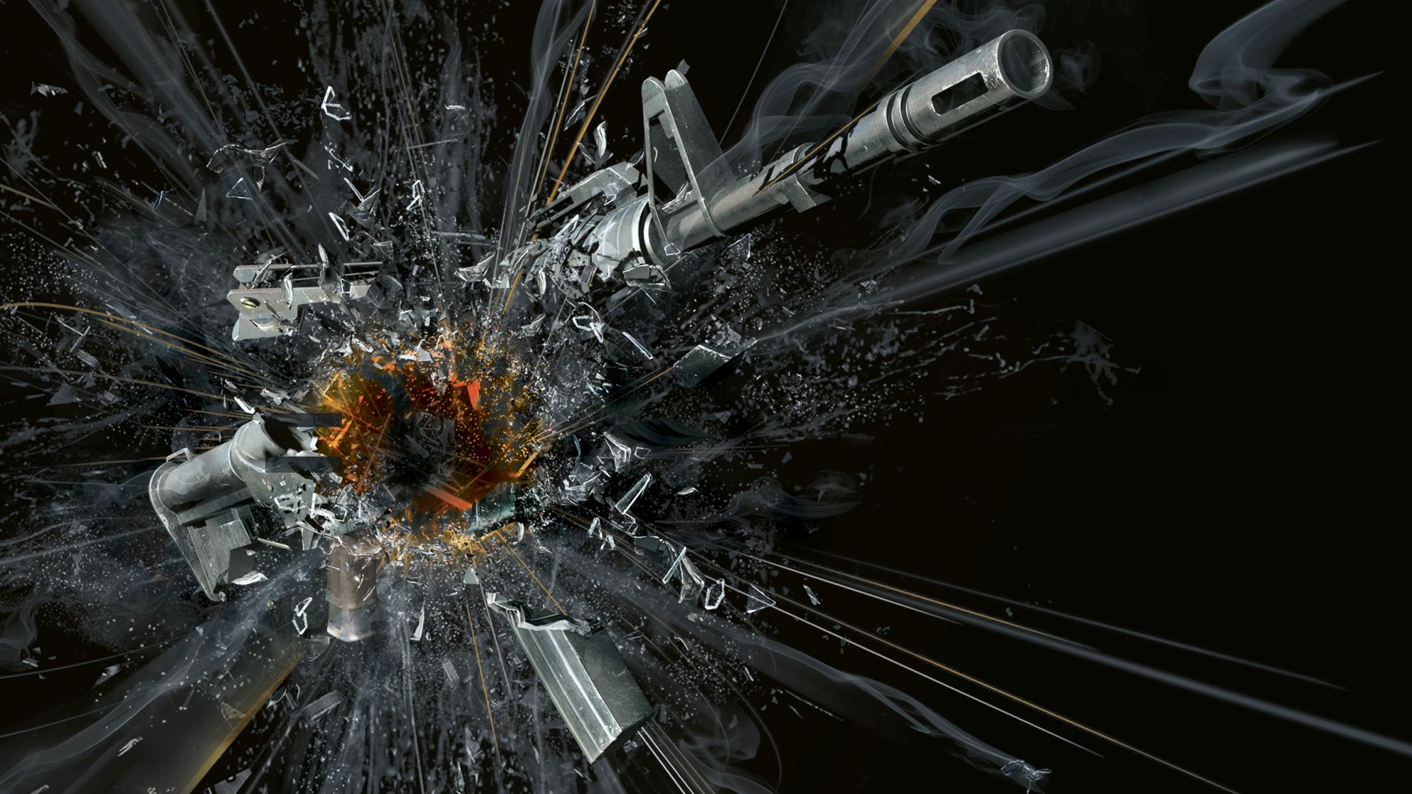 Black cover art of an M4A4 exploding