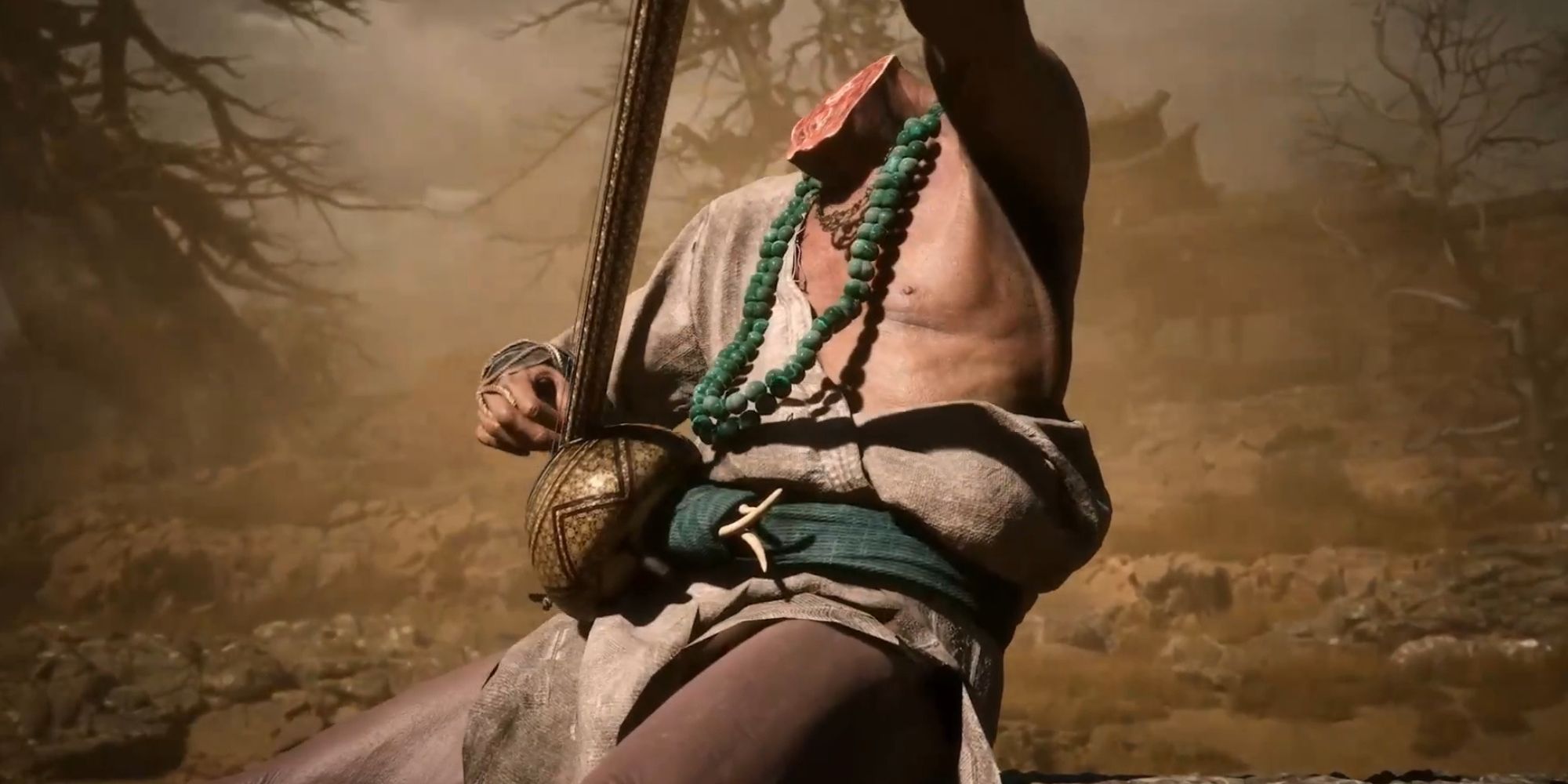 A man without a head, but he's still alive. He is playing an intstrument, and wears a white robe with beads around his neck. 