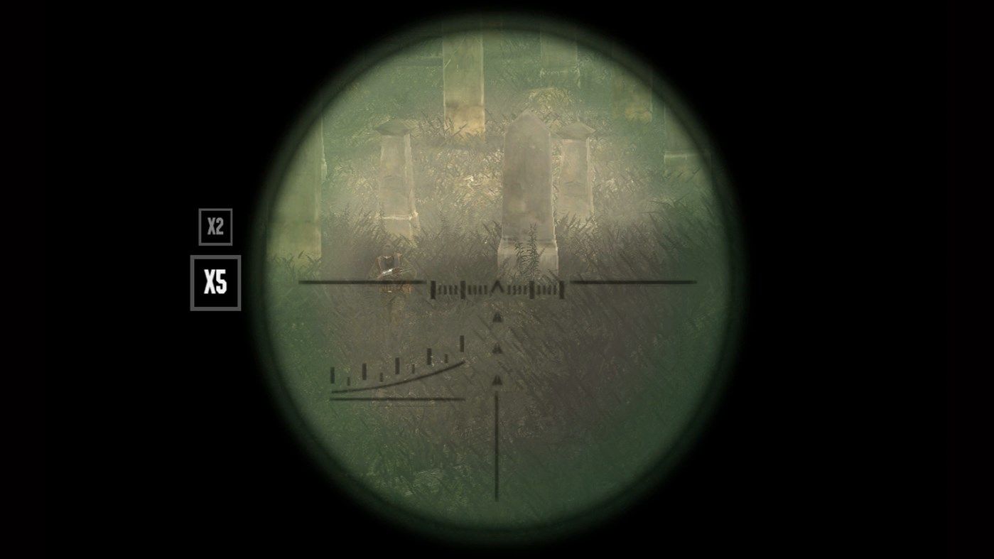 Black sniper x5 zoom aimed at enemies in a graveyard