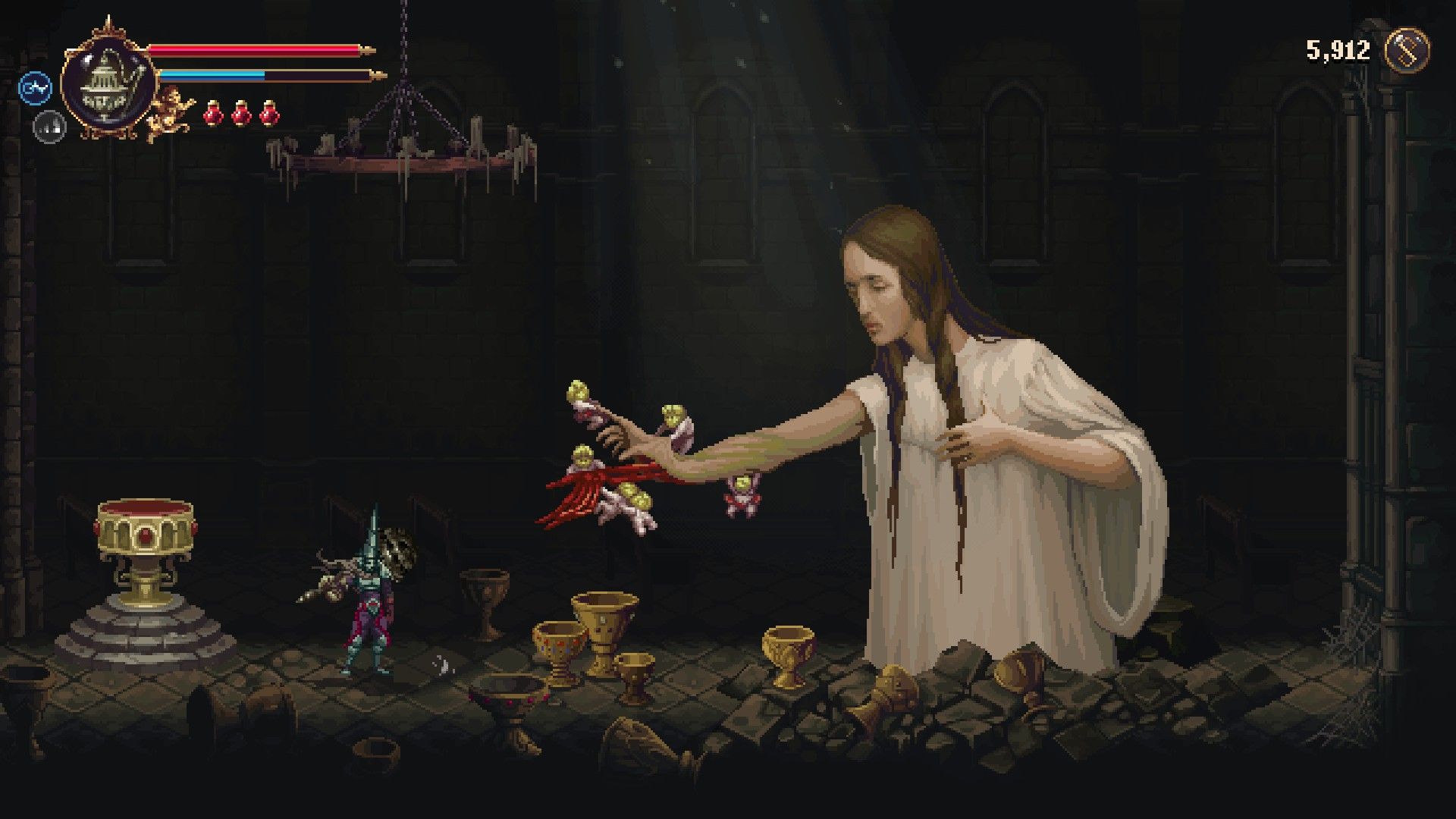 Blasphemous 2 - A shot of the chalice bearer with her hand slightly torn