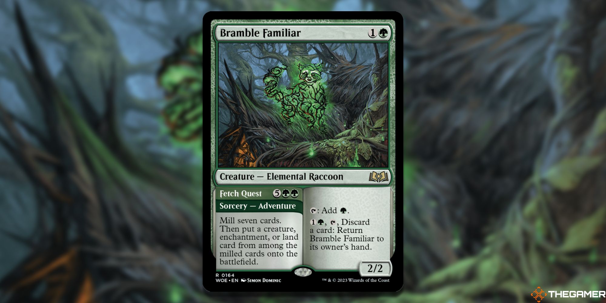 Image of the Bramble Familiar and Fetch Quest card in Magic: The Gathering, with art by Dimon Dominic