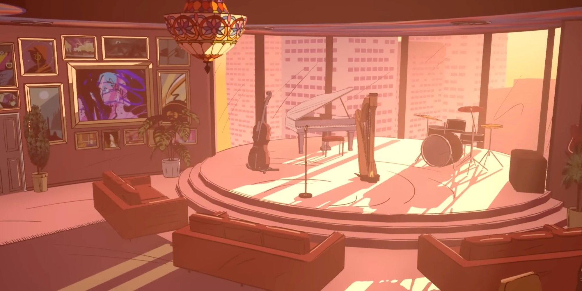 the sun enters a window and illuminates the room and art in a soft pink light