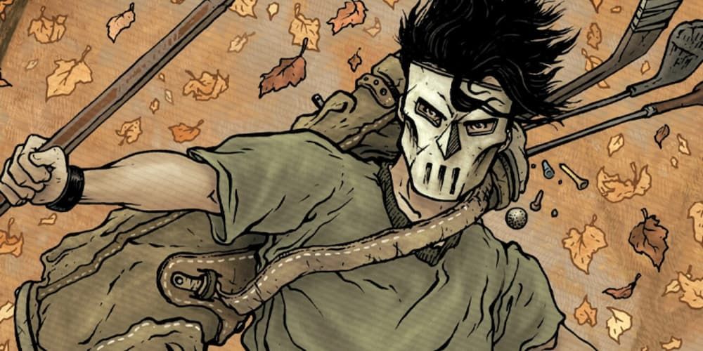 Casey Jones has leaves falling around him as he wears his iconic hockey mask and wields a hockey stick.