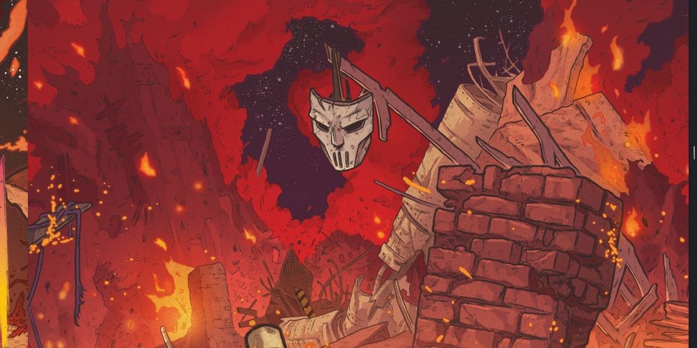 Casey Jones' mask amidst burning rubble in Teenage Mutant Ninja Turtles: The Last Ronin