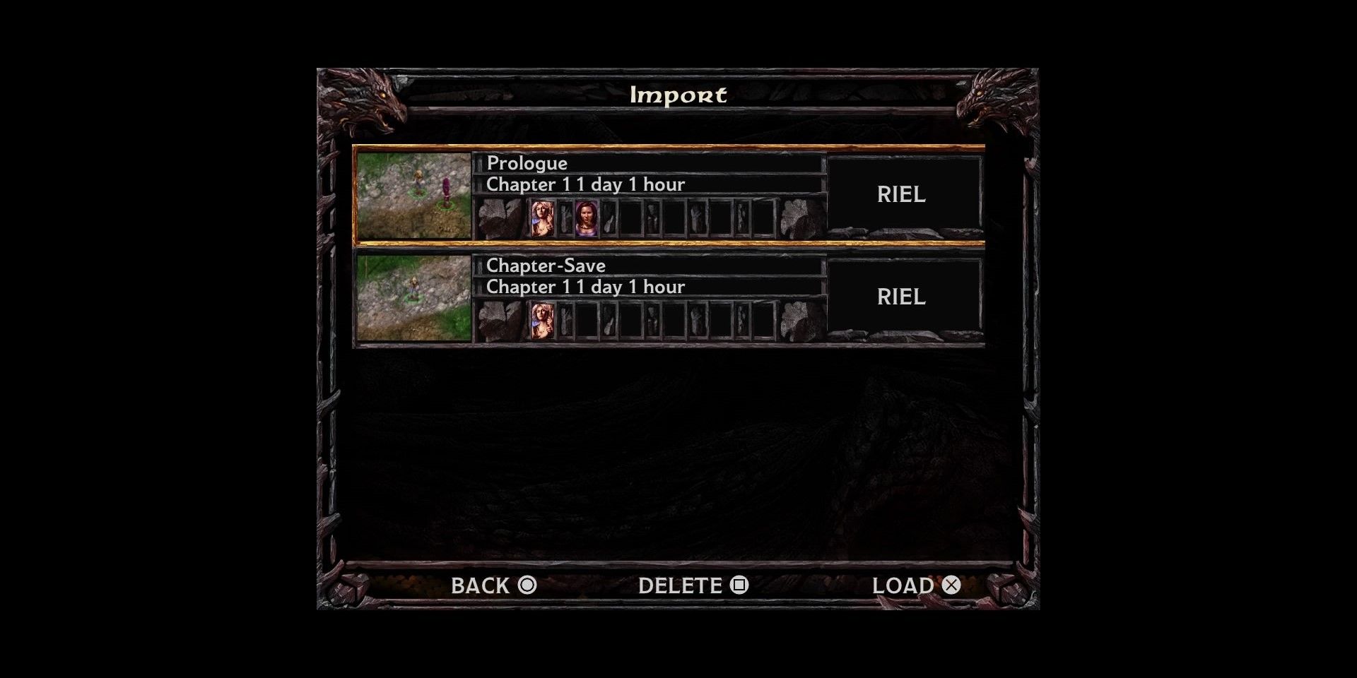 Screenshot of Character import menu in Baldur's Gate 2