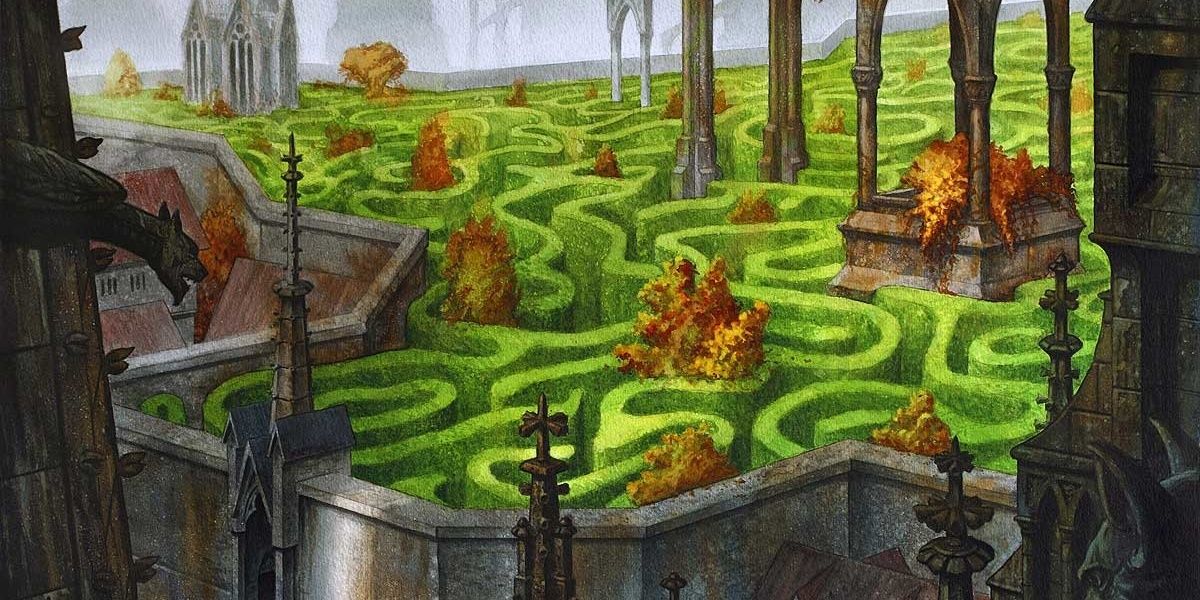 an overlook of a large hedge maze