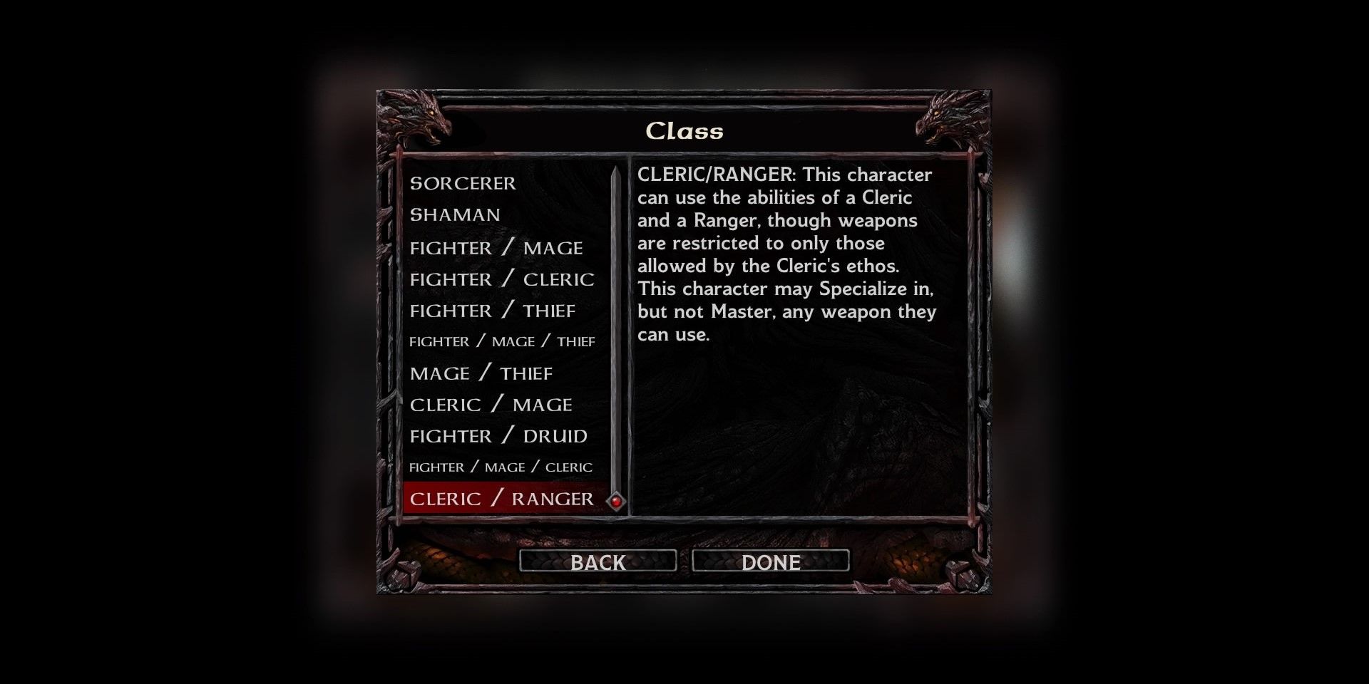 Screenshot of class menu for Half-Elf in Baldur's Gate 2
