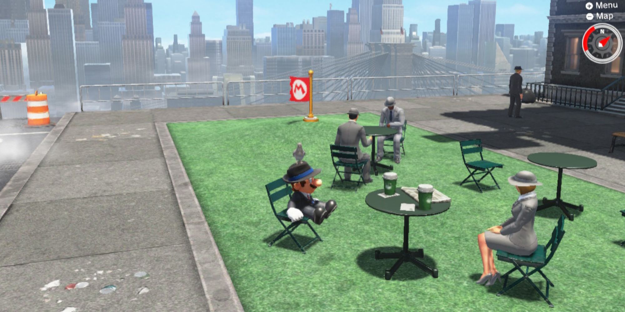 Mario From Super Mario Odyssey Sitting At The Outdoor Cafe With A Pigeon On His Head