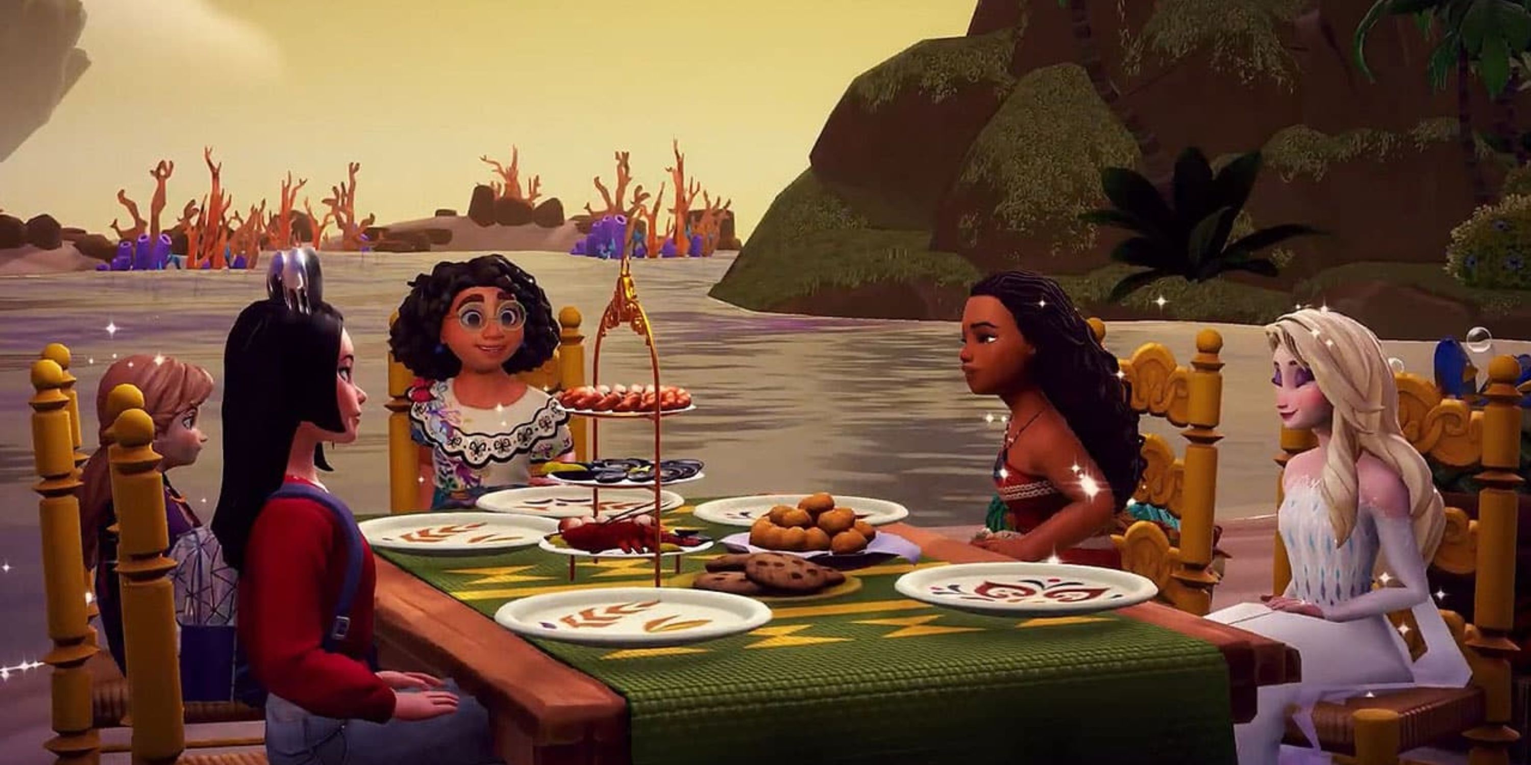 Anna, Mulan, Mirabel, Moana, and Elsa sharing some biscuits in Disney Dreamlight Valley.