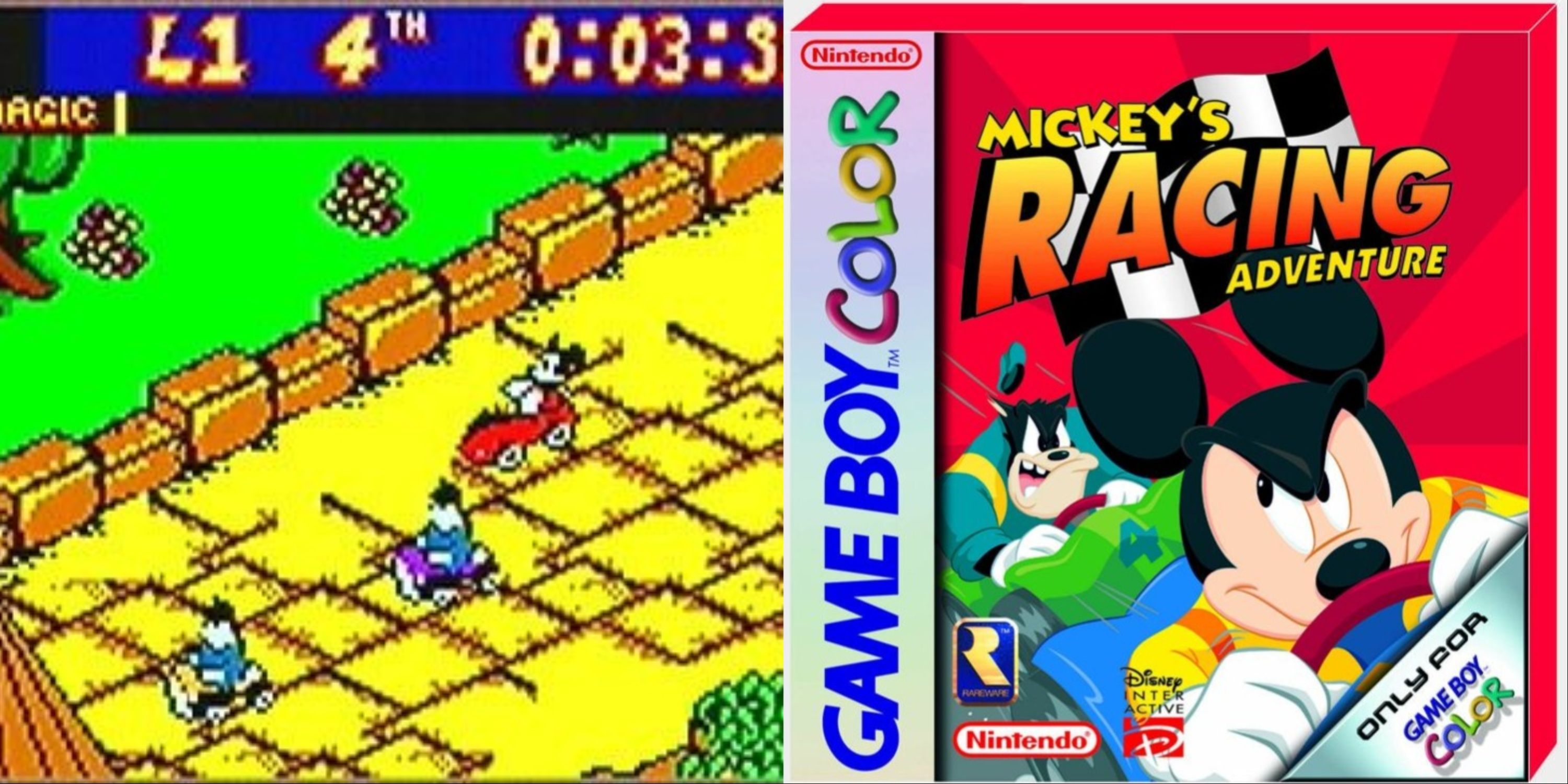 Mickey overtaking his rivals and original boxart Mickey's Racing Adventure