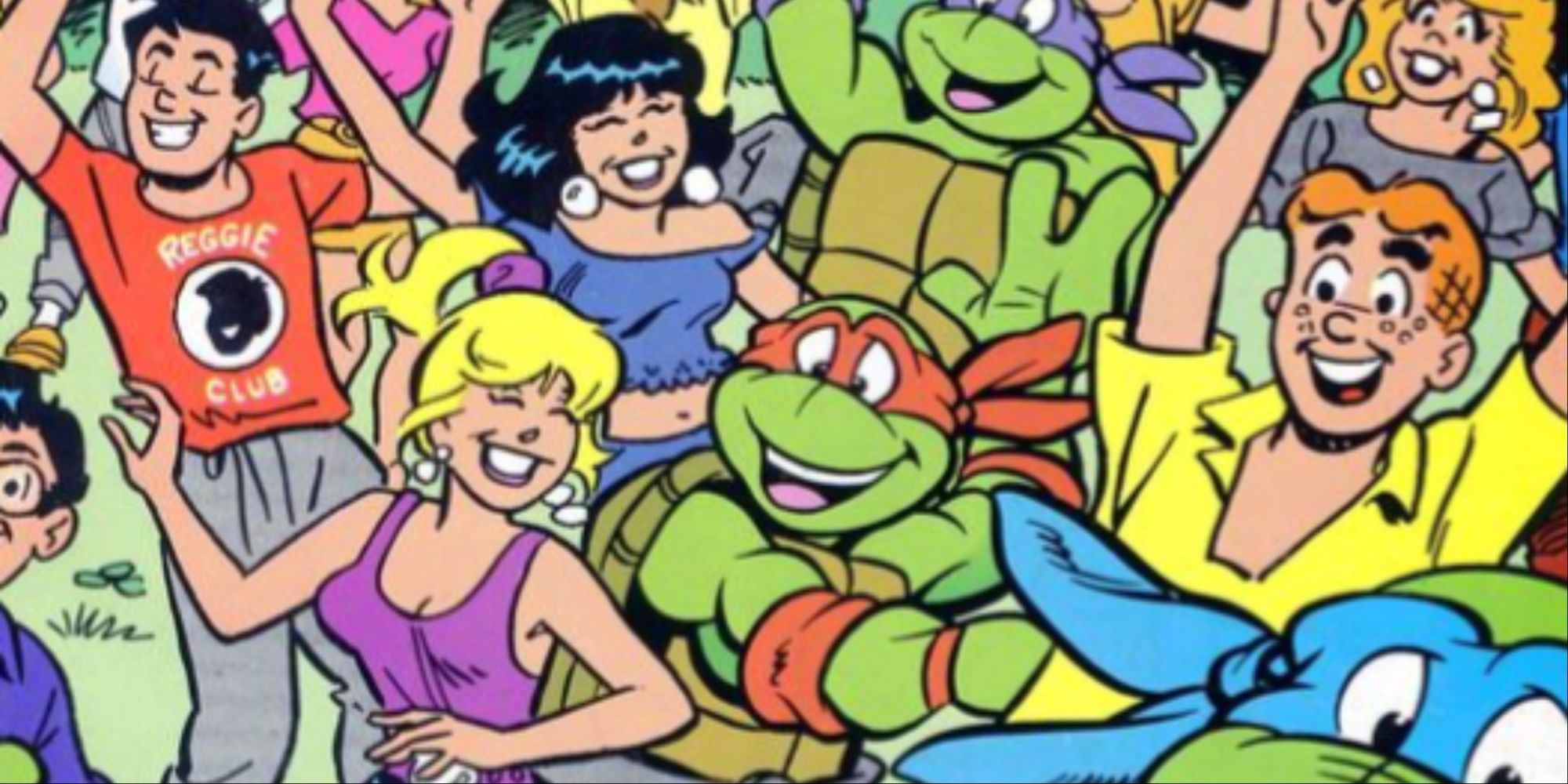 A close-up image of the cover for Archie Meets Teenage Mutant Ninja Turtles with Veronica, Reggie, Betty, and Archie partying outside with Leo, Raphael, and Donatello.