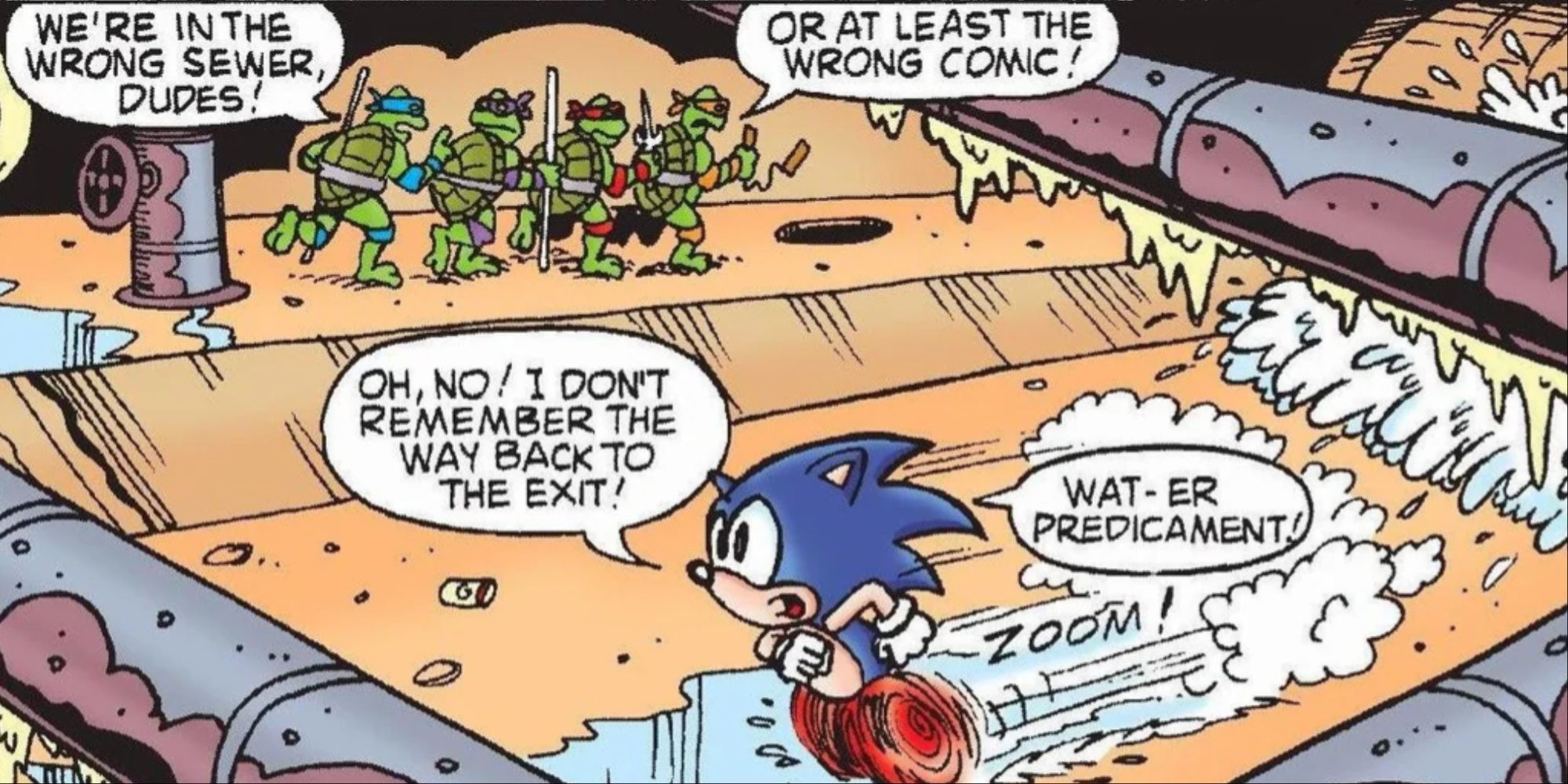 An image from the Sonic the Hedgehog Archie comic book with the turtles running past Sonic as he dashes through the sewer.