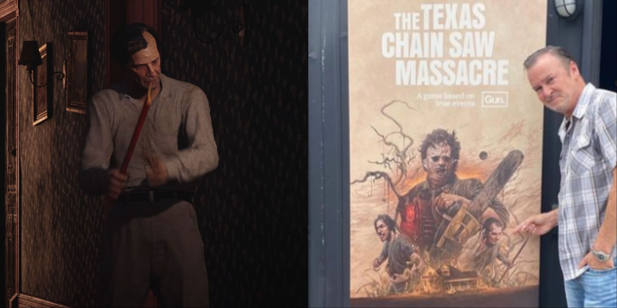 A split-image of The Cook swinging a weapon inside the house in-game, and actor Troy Burgess pointing to his character on a poster for The Texas Chain Saw Massacre.