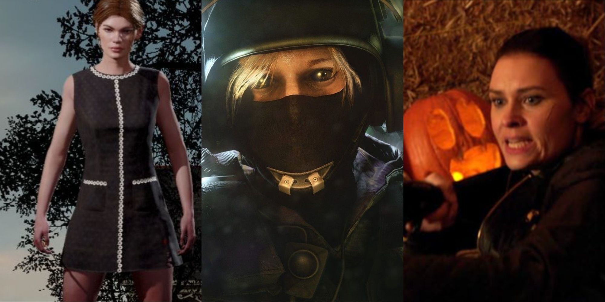 A three-image collage of Kristina's character Sissy in-game, the operator IQ from Rainbow Six Siege, and her character from the movie Tales of Halloween.