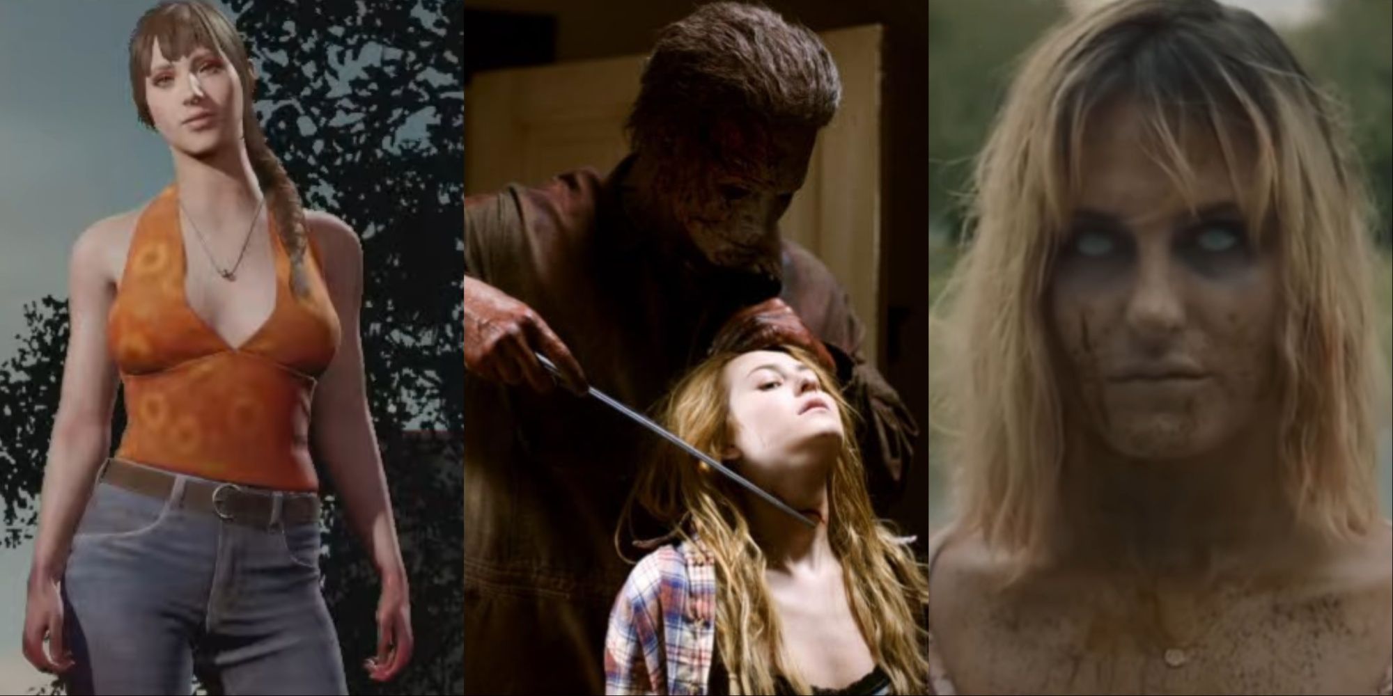 A three-image collage of Julie from the character menu, Scout's character Laurie Strode held by Michael Myers with a knife in Rob Zombie's Halloween 2, and Scout as her character possessed in The Long Night.