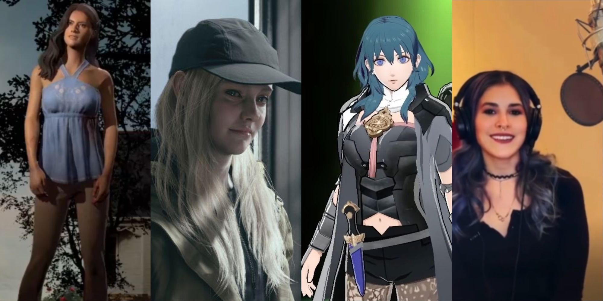 A four-image collage of Ana Flores from the skills menu, Rosemary Winters in RE Village, Byleth from Fire Emblem, and actress Jeannie Tirado in an interview for Saints Row.