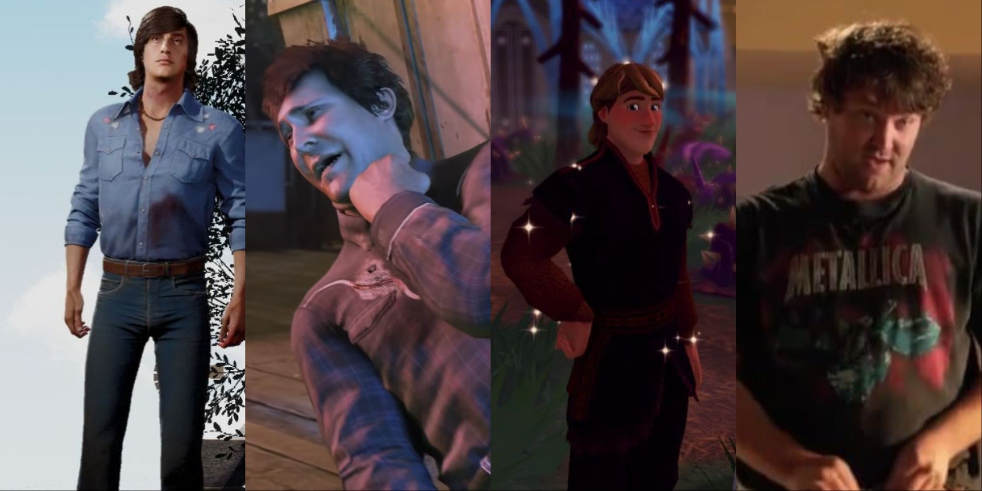 A four-image collage of Leland from the selection menu, Lowe's character Ritchie Doucet tied to a Ferris Wheel in Mafia 3, Kristoff in Disney Dreamlight Valley, and his character Meatball with a Metallica shirt in Hart of Dixie.