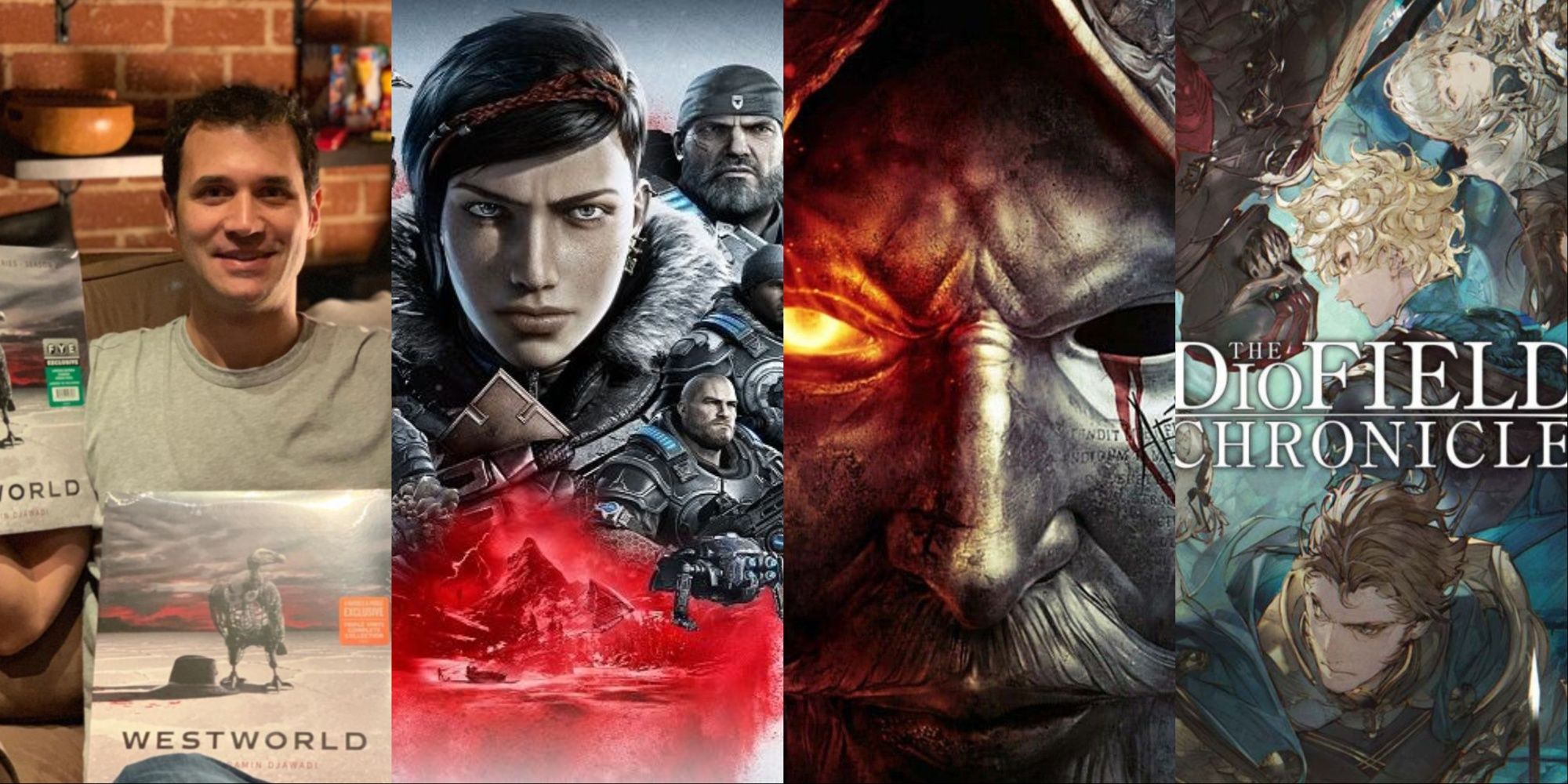 Four-image collage of Ramin Djawadi holding vinyl albums of the Westworld soundtrack, the cover art for Gears 5, the cover art for New World, and the cover art for the DioField Chronicle.