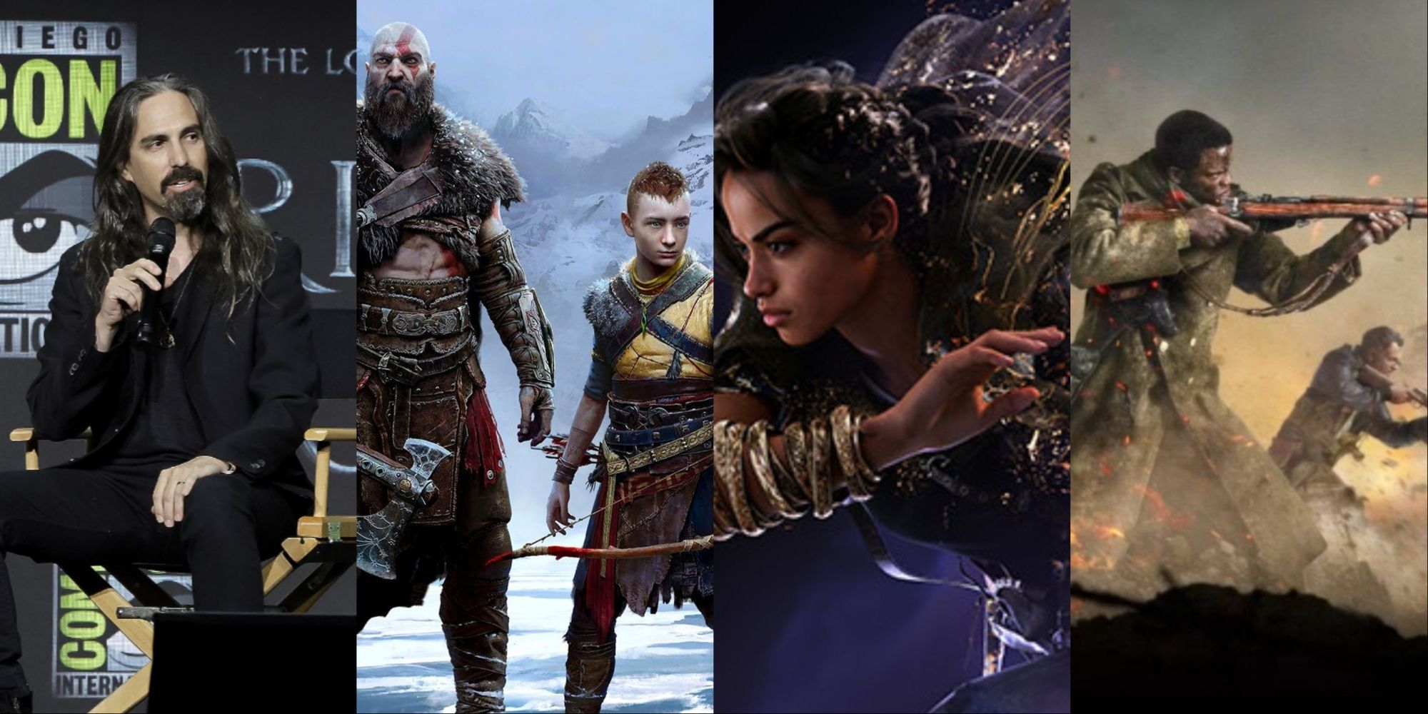 A four-image collage of Bear McCreary speaking for The Rings of Power at Comic Con, Kratos and Atreus on the cover art of Ragnarok, Freya on the cover art of Forspoken, and characters on the cover art for COD Vanguard.