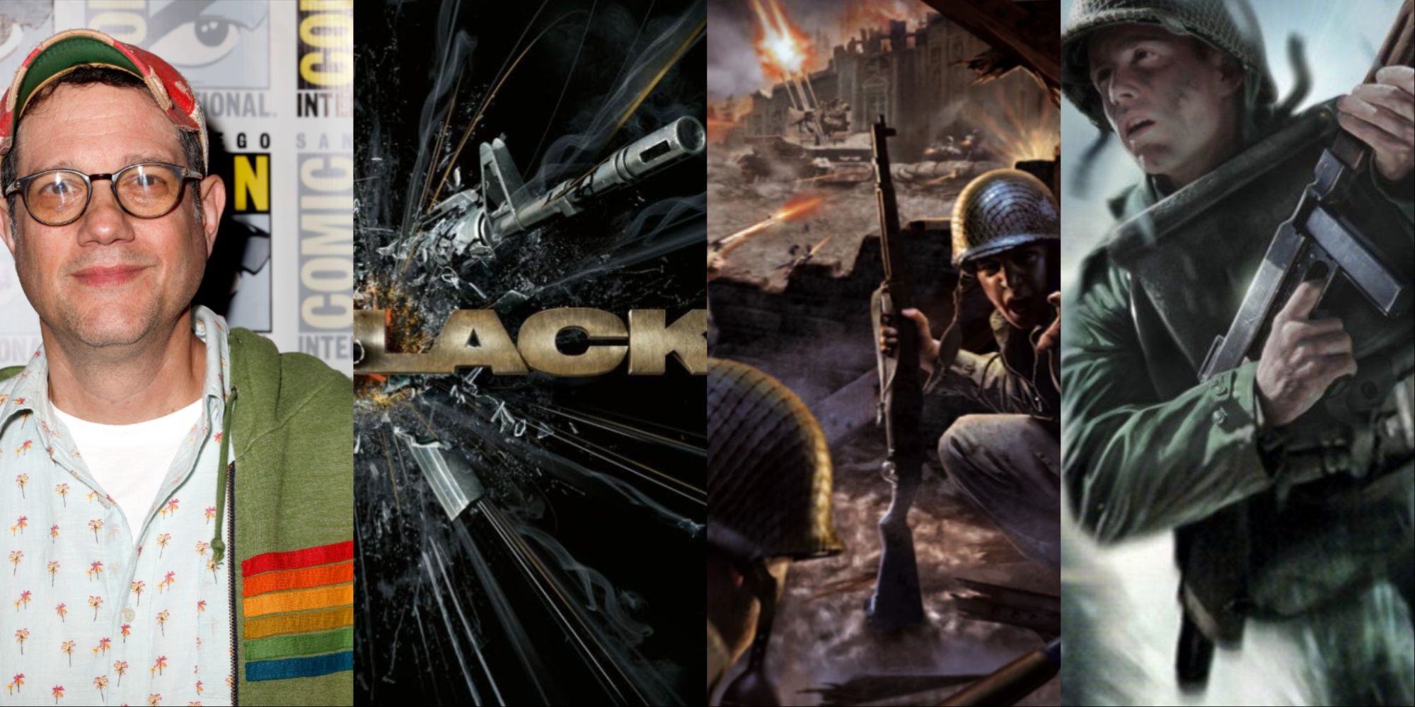 A four-image collage of Michael for an event at Comic Con, the cover art for Black, the cover art for Call of Duty, and Medal of Honor: Frontline.