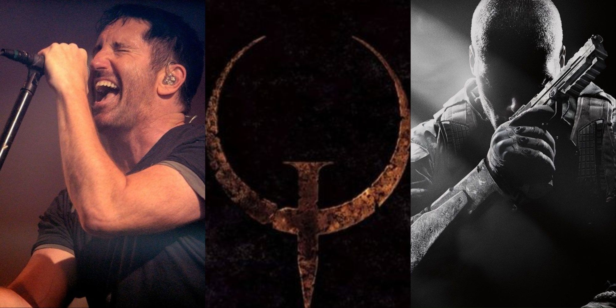 A three-image collage of Trent Reznor signing into a microphone, the logo for Quake, and the cover art for COD: Black Ops 2.