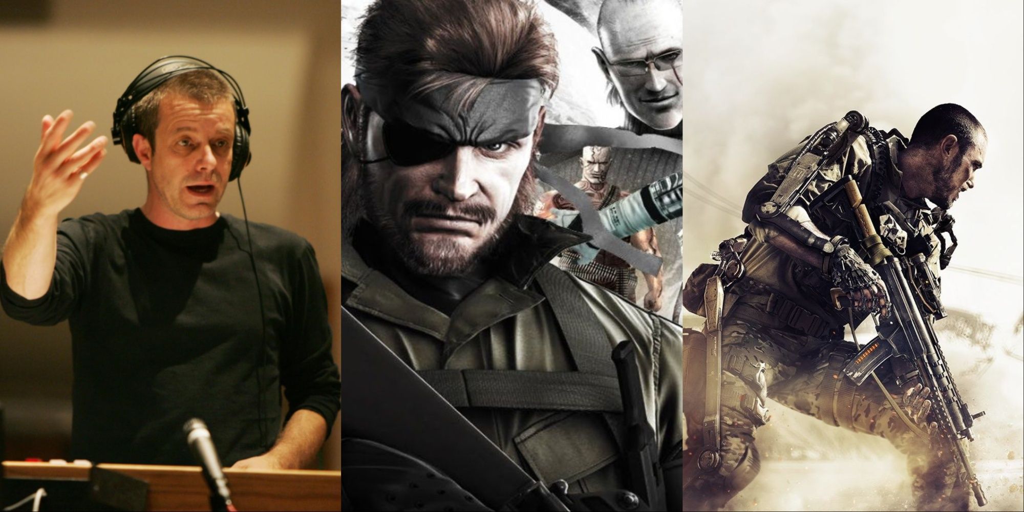 A three-image collage of Harry Gregson-Williams conducting, a collage of Metal Gear Solid characters, and the cover art for COD: Advanced Warfare.