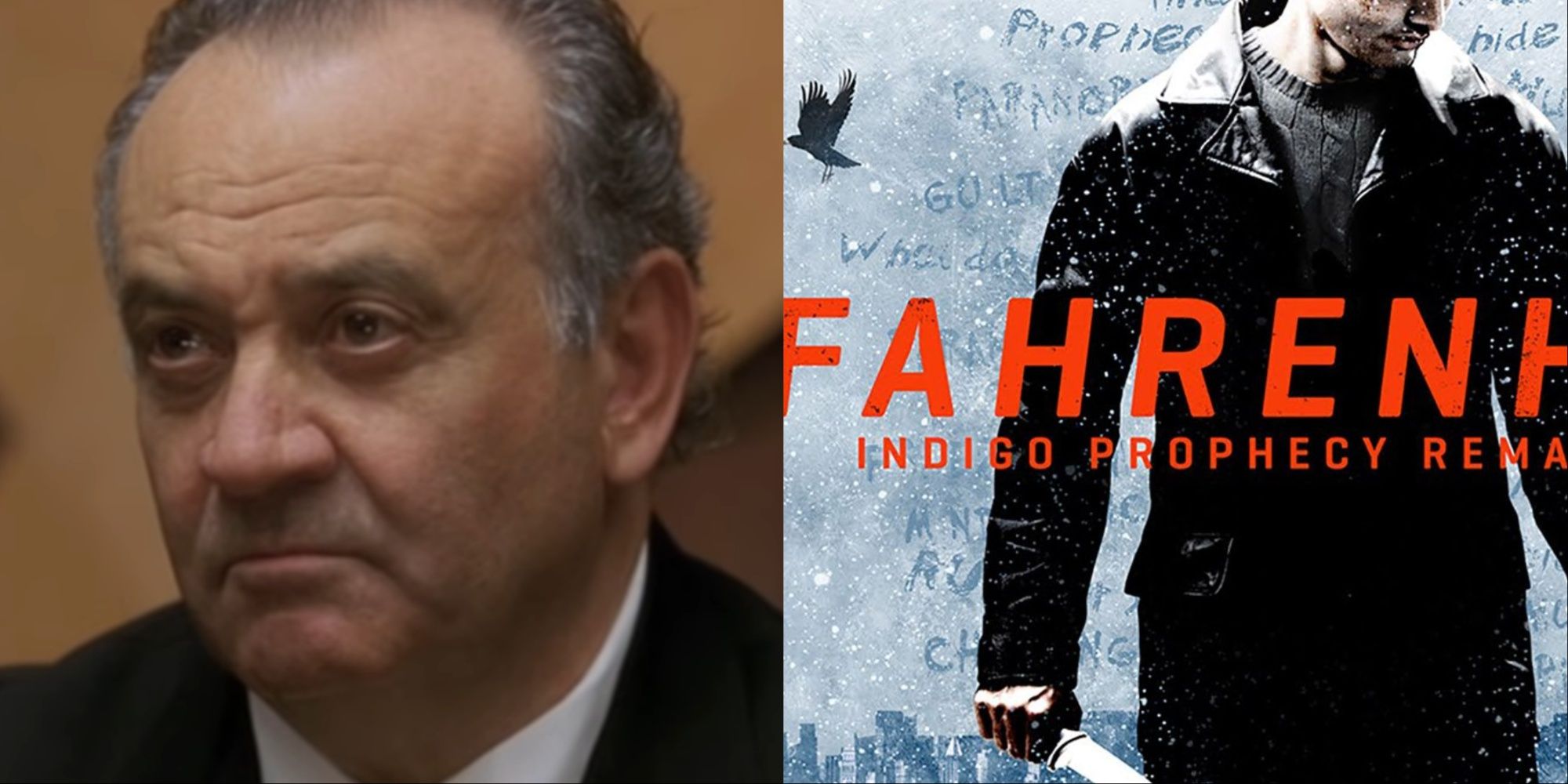 A split-image of composer Angelo Badalamenti's character in Lynch's Mulholland Drive and the cover art for the remaster of Fahrenheit Indigo Prophecy.