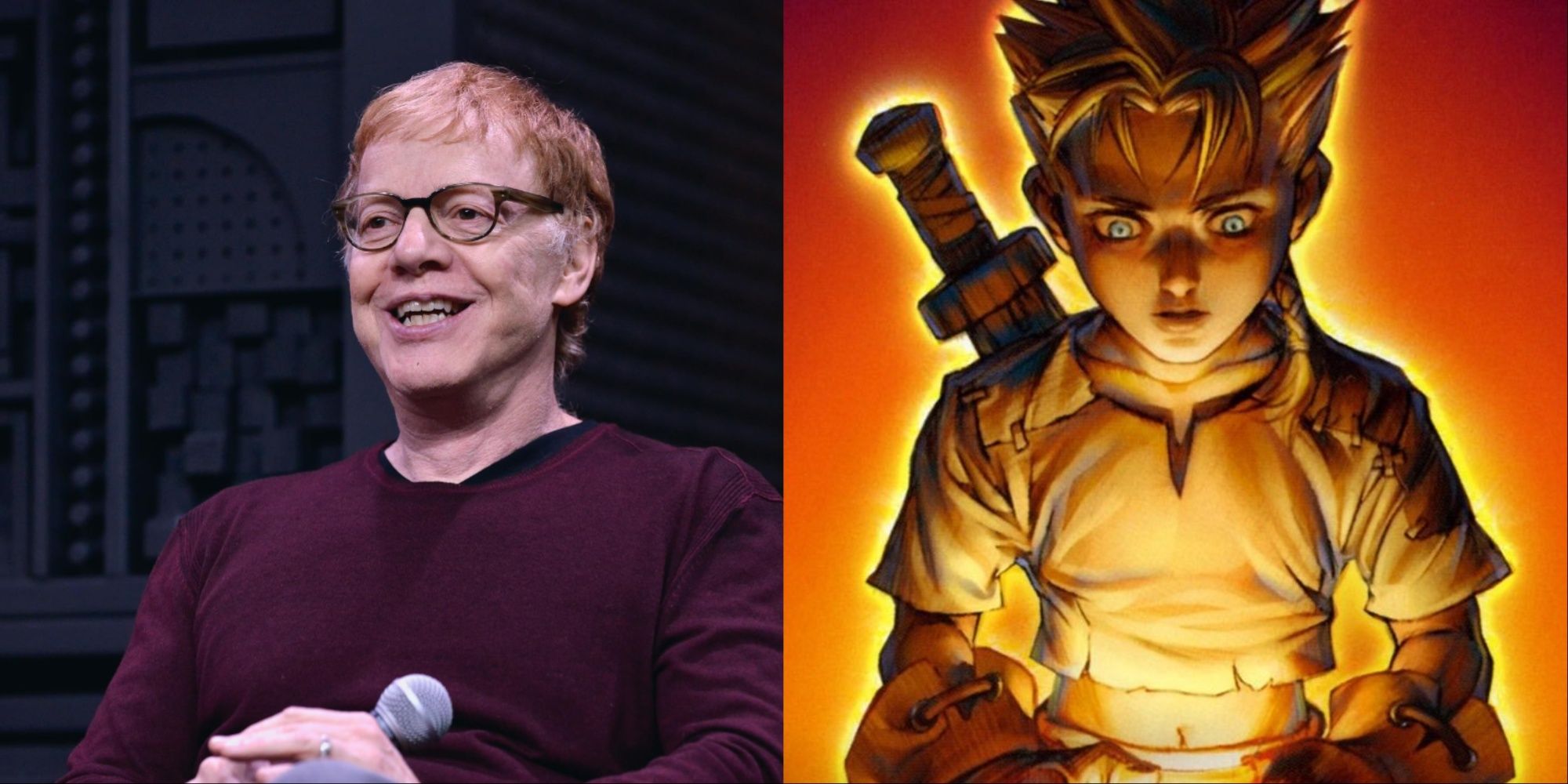 A split-image of Danny Elfman with a microphone during an interview and the cover art for Xbox-exclusive Fable.