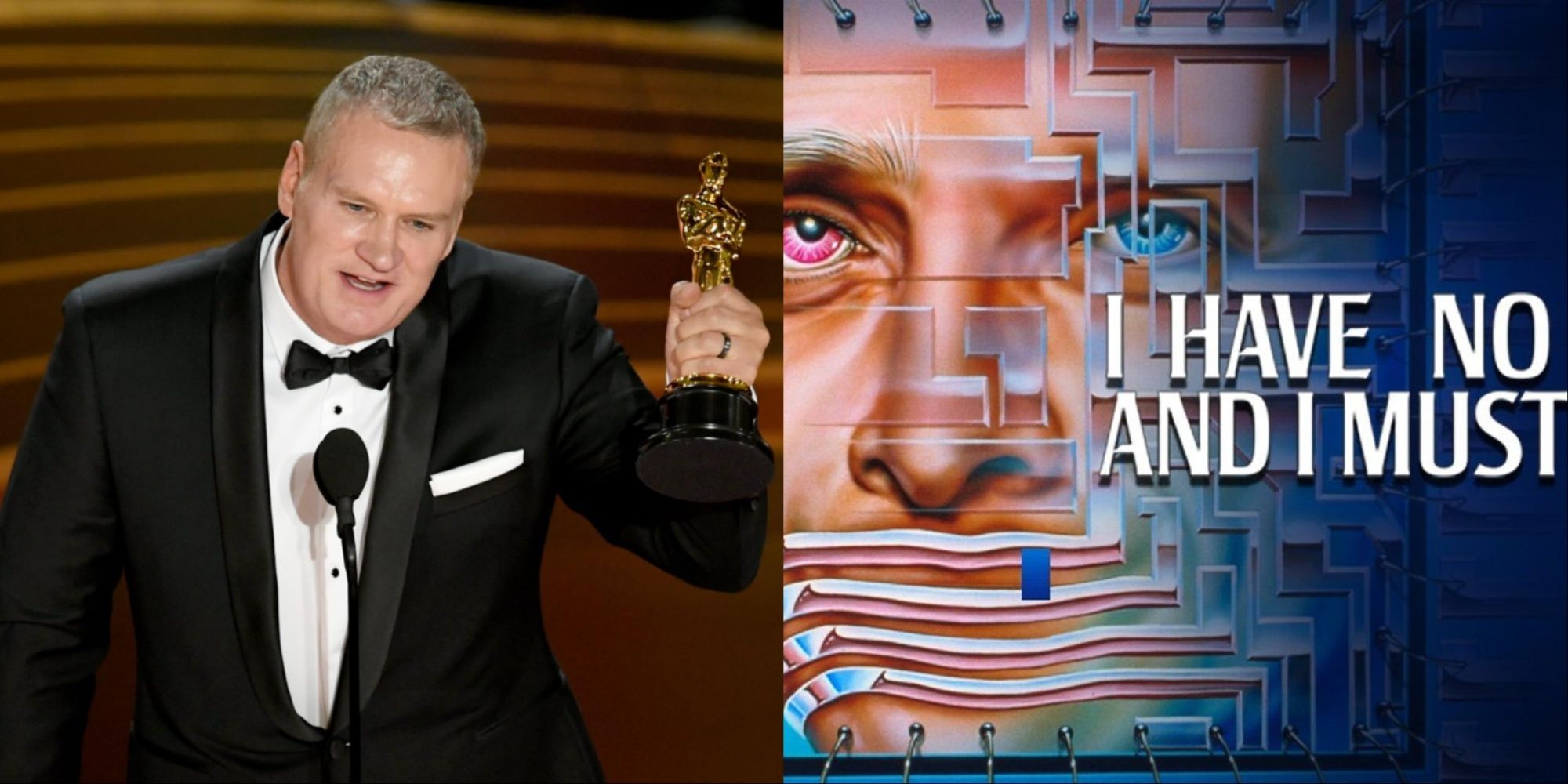 A split-image collage of John Ottman with his Oscar for Bohemian Rhapsody and the cover art for I Have No Mouth, And I Must Scream.