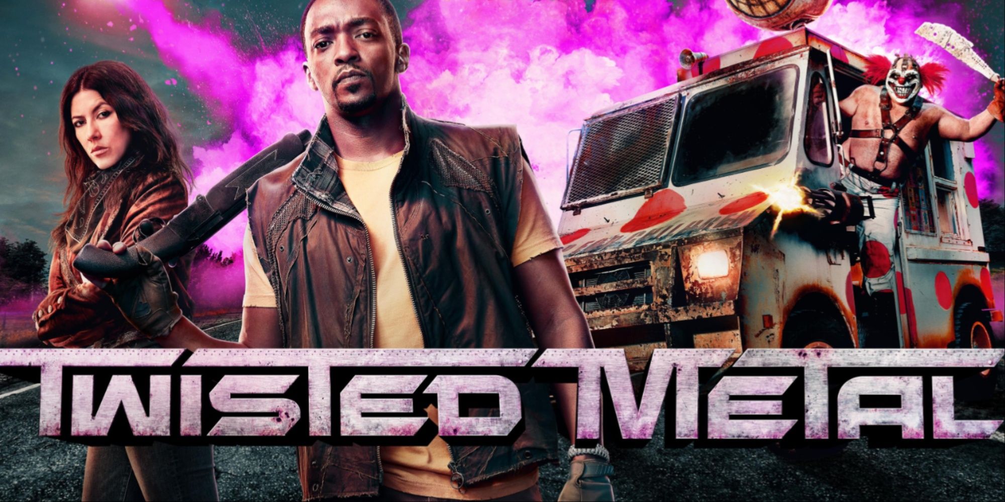 The poster for Peacock's Twisted Metal, featuring Stephanie Beatriz's character. Anthony Mackie's character, and Sweet Tooth in the truck.